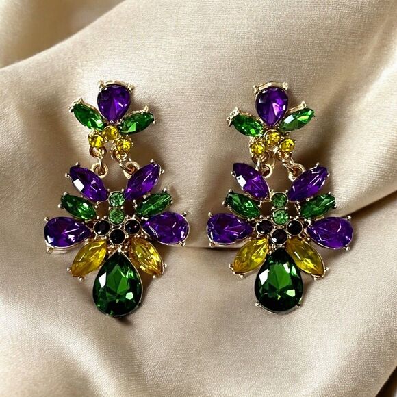Mardi Gras Earrings, Glittery Rhinestone Party Jewelry - Picture 3 of 4